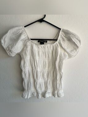 French Connection White Smocked Puff-Sleeve Top
